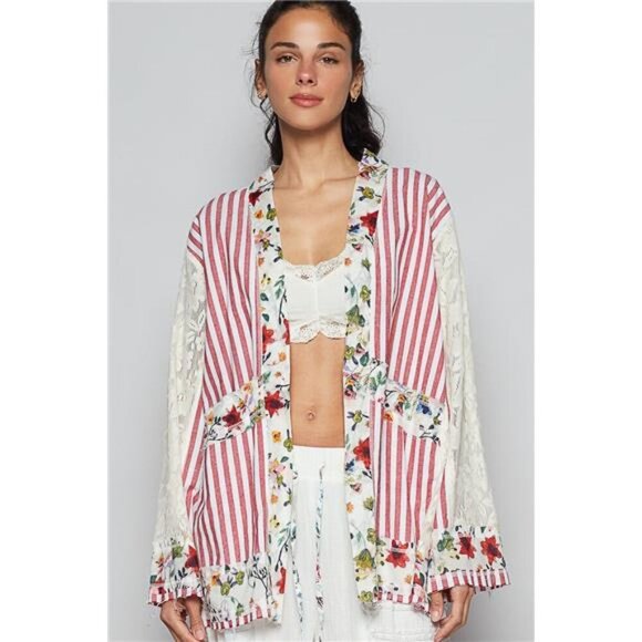 POL Lace Long Sleeve Striped Cardigan with Floral Patchwork Detail - Picture 1 of 3